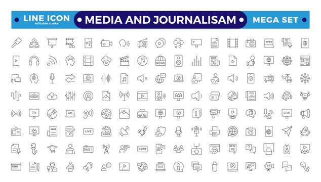 Journalism and mass media outline icon set. Vector illustration. It contains a microphone, journalist, press conference, newspaper social networks. Editable stroke outline icon.