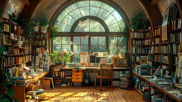 Study room with large windows showcasing a beautiful sunny day and lush landscape