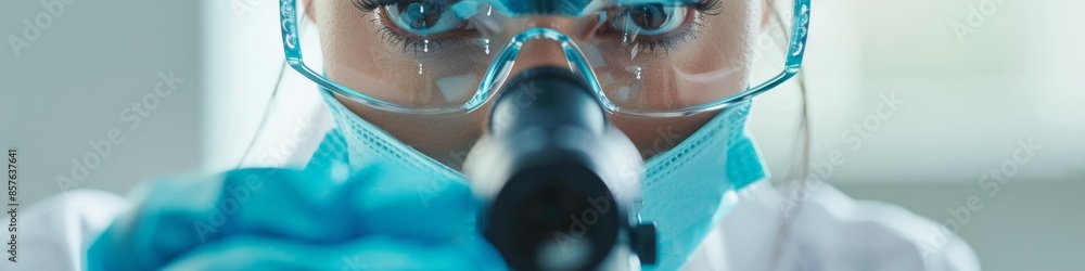 Poster female scientist examining samples through microscope in modern laboratory, focused on research and 