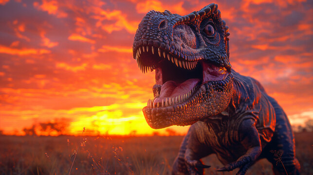 A troodon with its sharp teeth and claws, stalking its prey through a grassy plain against a vibrant sunrise background.  its focused gaze, and the gradient of orange, red, and purple hues in the sky