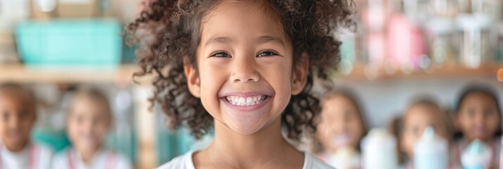 Proud Biracial Young Girl Exhibits Handmade Project in Classroom With Uniformed Peers, Sunny Morning