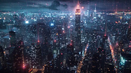 A dense metropolitan area at night, featuring towering skyscrapers adorned with red lights and an abstract representation of network connectivity overlaying the cityscape.