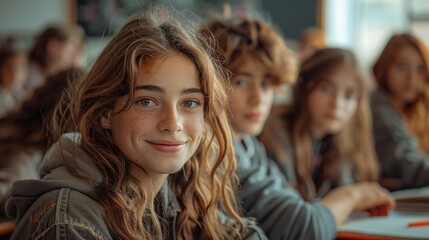 Obraz premium Caucasian girl with glasses smiling and sitting at desk when reading books at school classroom.