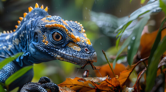 A microraptor perched on a branch, carefully plucking an insect from a leaf, The image showcases the dinosaur's sharp beak, delicate claws, and the intricate details of the insect in realistic.