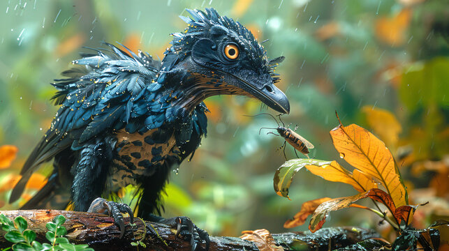 A microraptor perched on a branch, carefully plucking an insect from a leaf, The image showcases the dinosaur's sharp beak, delicate claws, and the intricate details of the insect in realistic.