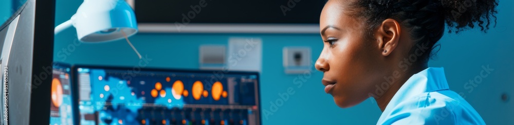 Poster young black female scientist analyzing data on computer screen in modern laboratory at night