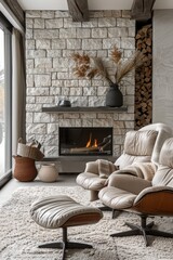 A stylish living room featuring a stone fireplace, modern furniture, and cozy decor elements, perfect for a relaxing atmosphere.