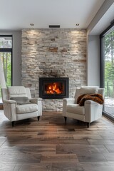 A modern living room featuring a stone fireplace, two white armchairs, and large windows with a view of the outdoors.