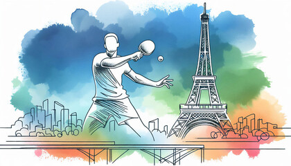 Fototapeta premium Table tennis. Vector illustration of a table tennis player in front of the Eiffel Tower in Paris. Vector continuous line. Olympic sports. Continuous line drawing