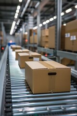 Cardboard boxes on a conveyor belt in a modern warehouse, showcasing the efficiency of shipping and logistics operations.