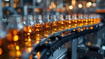 Obraz premium Glass bottles on an automated production line in a modern factory, illuminated by warm lighting, showcasing industrial efficiency and technology.