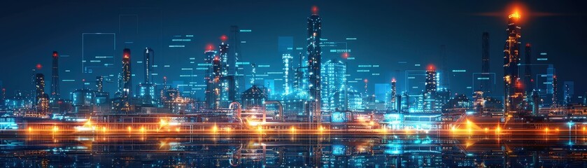 Obraz premium A vibrant, futuristic cityscape at night featuring illuminated skyscrapers and their reflections on the water, showcasing modern urban architecture.