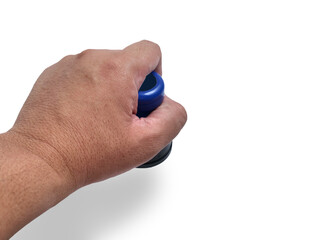 Hand holding blue handled round rubber stamp, top view isolated on white