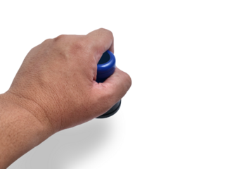 Hand holding blue handled round rubber stamp, top view isolated on white