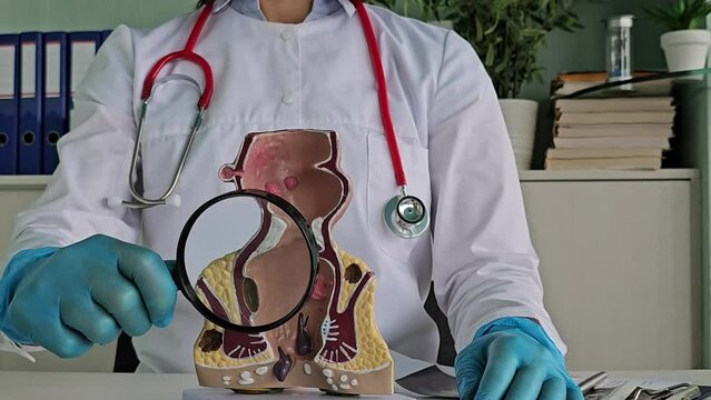 Doctor holds magnifying glass and anatomical model of rectum with hemorrhoids