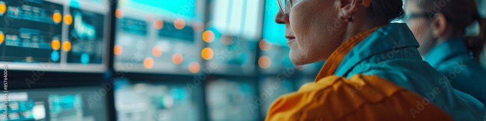 Poster Diverse Female Engineers Collaborating in Modern High-Tech Laboratory Setting, Analyzing Data on Digital Screens