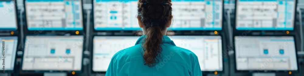 Poster diverse female engineers collaborating in high-tech laboratory, planning projects with digital scree