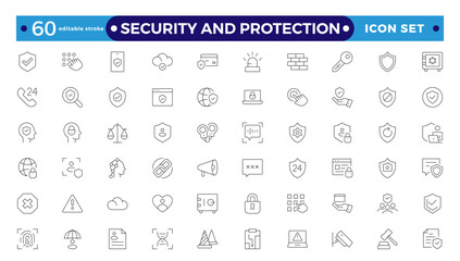 Security and Protection outline icon set. Data protection symbol. Secured network icon collection.Safety, security, protection thin line icons. Editable stroke outline icon.