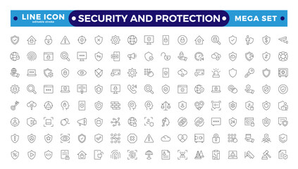 Security and Protection outline icon set. Data protection symbol. Secured network icon collection.Safety, security, protection thin line icons. Editable stroke outline icon.