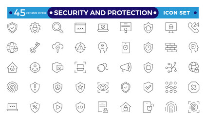 Security and Protection outline icon set. Data protection symbol. Secured network icon collection.Safety, security, protection thin line icons. Editable stroke outline icon.