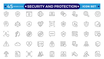 Security and Protection outline icon set. Data protection symbol. Secured network icon collection.Safety, security, protection thin line icons. Editable stroke outline icon.