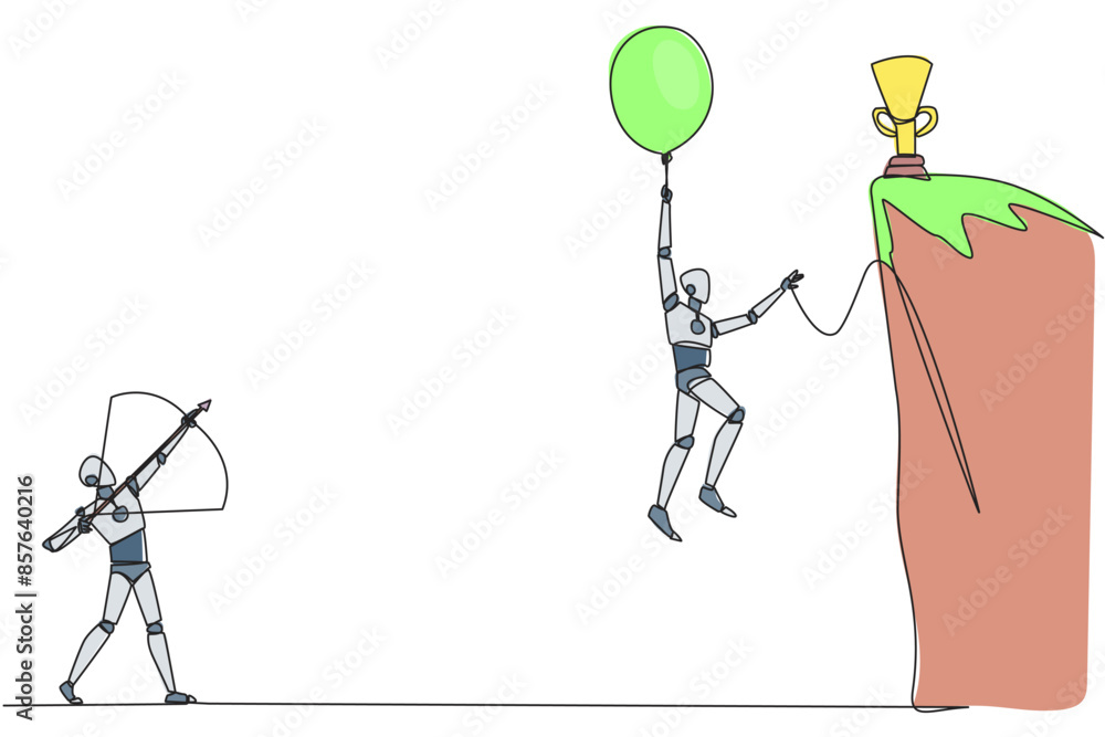Poster continuous one line drawing smart robot wants to achieve prizes at the peak of the career. getting r