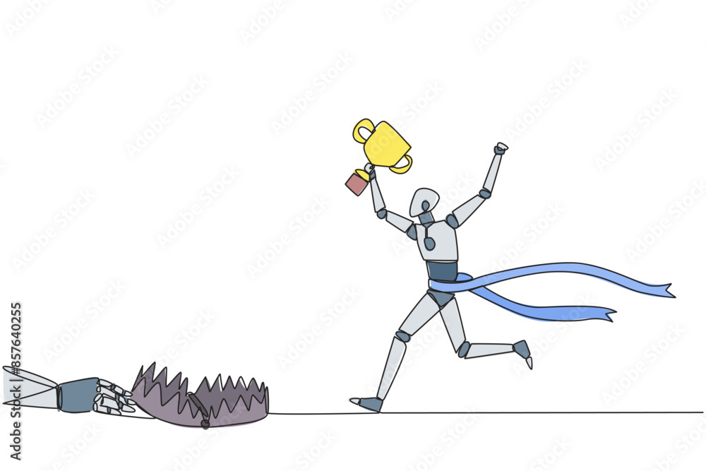 Poster single continuous line drawing smart robot running with trophy. a dangerous business trap. a trap th