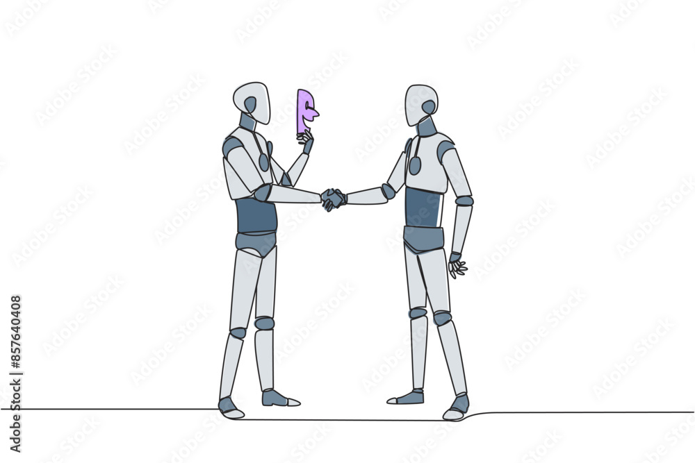 Poster single one line drawing the two robots shaking hands. one of them has two faces. full of falsehood. 