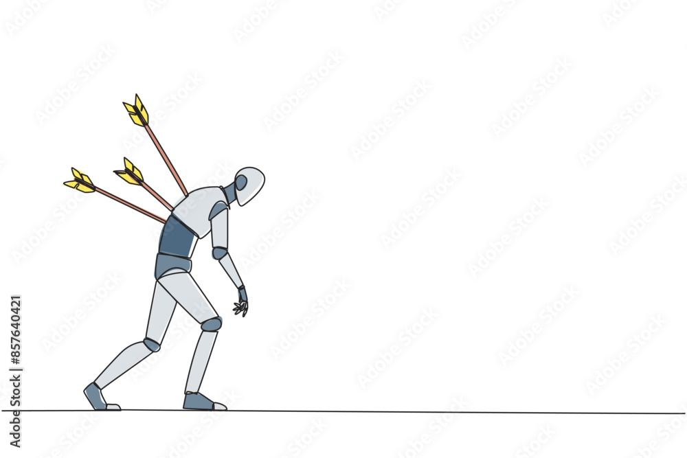 Poster single one line drawing smart robot standing and several arrows stuck in the back. attacked from beh