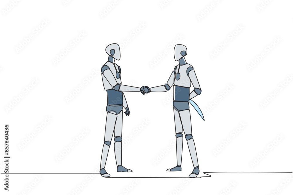 Poster single one line drawing two smart robots shaking hands. one of them holding a knife behind the back.