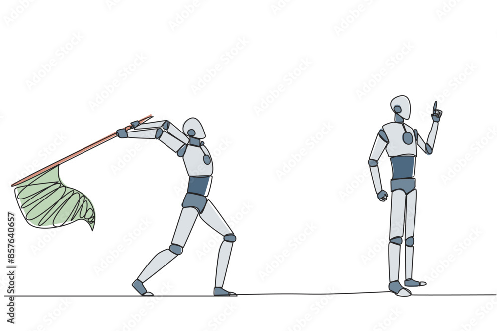 Poster continuous one line drawing the robot who comes up with an idea. a brilliant idea that will be stole