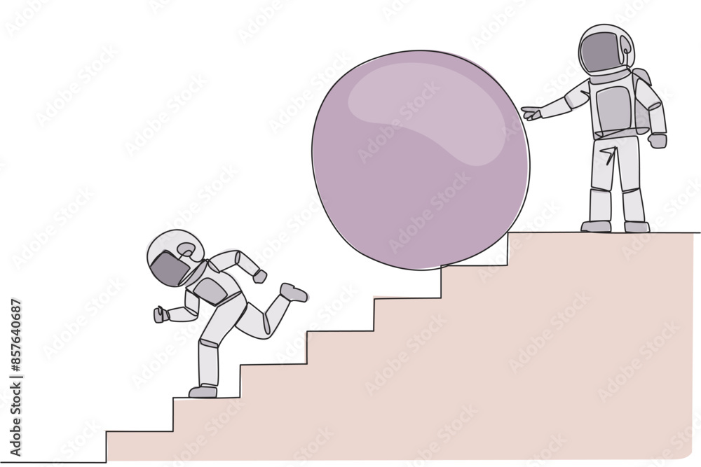 Poster single continuous line drawing the astronaut running down stairs avoiding big ball. attacked by busi