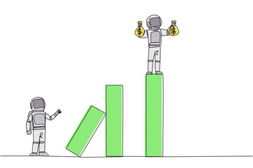 Continuous one line drawing the astronaut standing on the bar lifting money bag. Fake partner. The envy friend. Sabotage happiness. The traitor on office. Single line draw design vector illustration