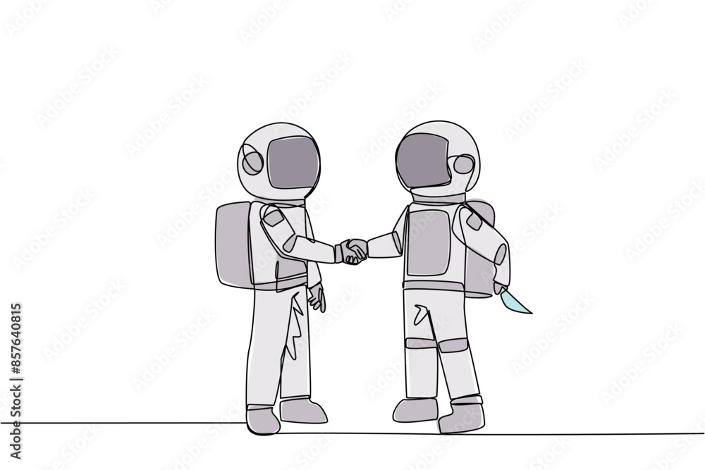 Poster single continuous line drawing two astronauts shaking hands. one of them holding a knife behind the 