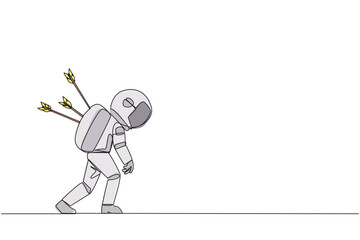 Single continuous line drawing the young astronaut standing on big trophy. Celebrating the success of business. Got fraudulent business opponents. Falling helpless. One line design vector illustration