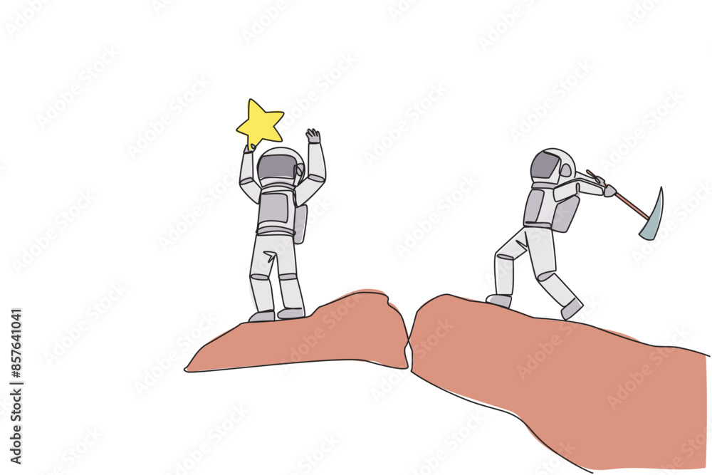 Poster single continuous line drawing the astronaut standing on the edge of a cliff holding up a star. the 
