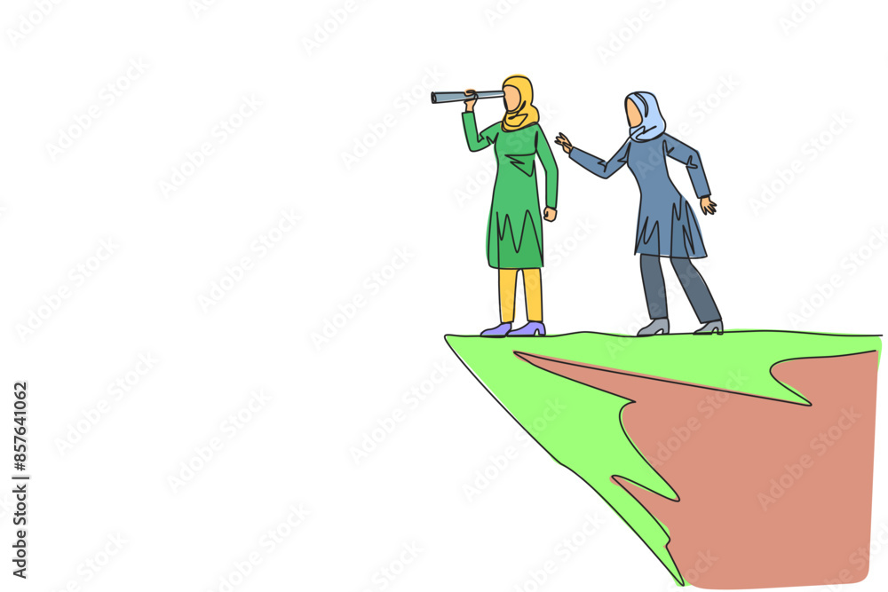 Poster continuous one line drawing arab businesswoman monitoring something at the edge of cliff using binoc