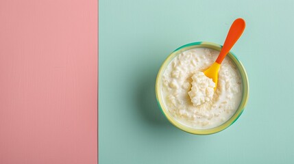 Cheerful Baby Porridge Setup on Pastel Background Promoting Healthy Infant Eating