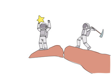 Single continuous line drawing the astronaut standing on the edge of a cliff holding up a star. The hypocrite partner want to destroy the achievement. The traitor. One line design vector illustration