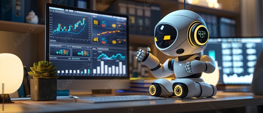 Poster adorable robot analyzing financial charts on computer screens in a modern office, representing ai in