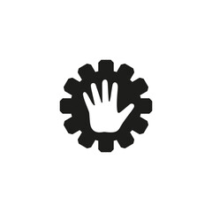 Hand with gear icon. Vector silhouette on a white background.