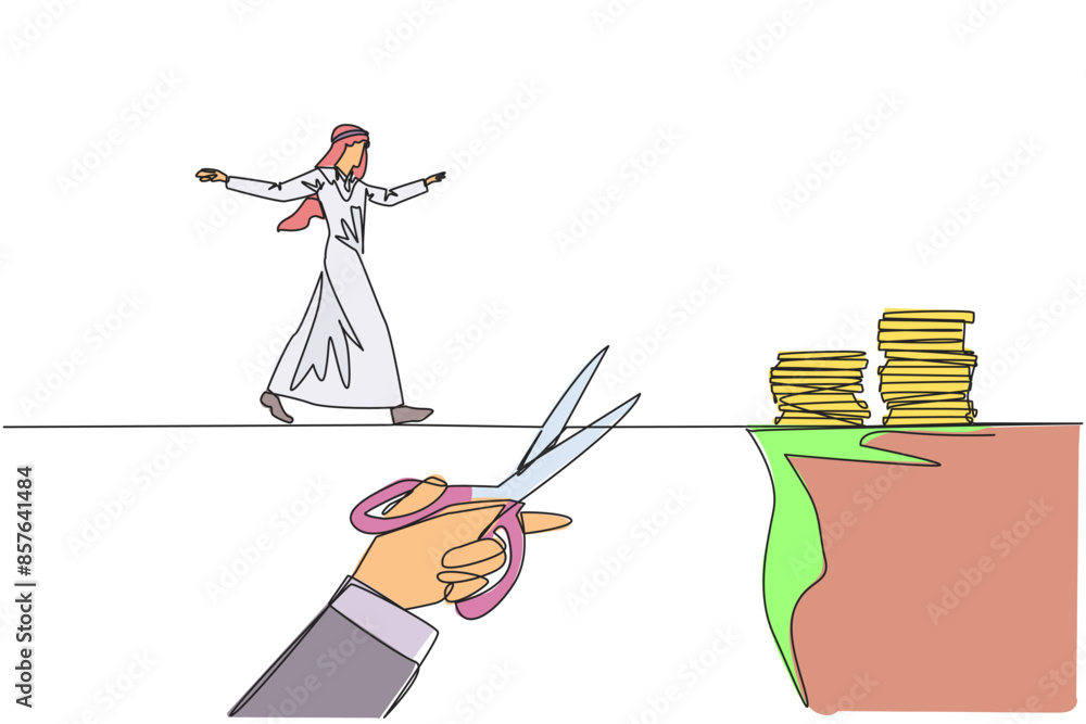 Aufkleber continuous one line drawing arabian businessman walking on tightrope from one cliff to another. fail