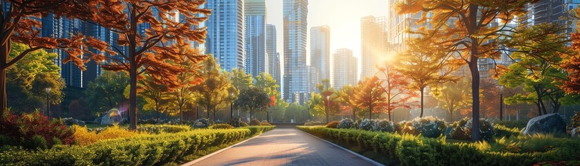 Fototapeta premium Beautiful urban park in autumn with colorful foliage, surrounded by modern skyscrapers under a warm, radiant sunset.