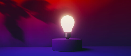Light bulb on a podium with shadow of leaves - 3D render