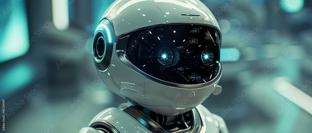 Poster futuristic robot with glowing blue eyes in a high-tech environment, representing advanced artificial