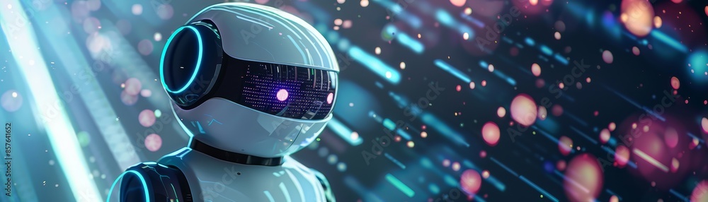 Aufkleber futuristic robot with glowing eyes navigating a vibrant, digital landscape of colorful lights and da