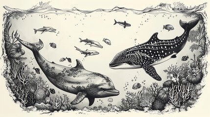 Obraz premium detailed pen and ink illustration showcasing a diverse group of endangered marine animals swimming together in crystal clear waters, emphasizing the importance of ocean conservation
