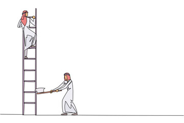 Single continuous line drawing Arab businessman climbs ladder to achieve the expected reward. Destroyed silently. Business failed to develop. Destroyed by traitors. One line design vector illustration