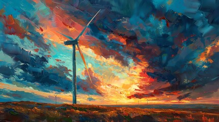 Obraz premium vibrant oil painting of a towering wind turbine against a dramatic sky, showcasing sustainable energy practices with intricate details and bold colors