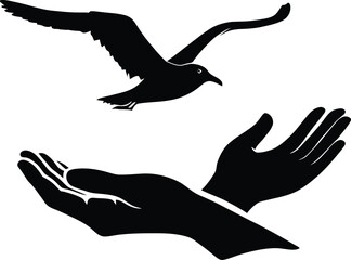 Silhouette of hands releasing a bird, symbolizing freedom and care, bird, vector